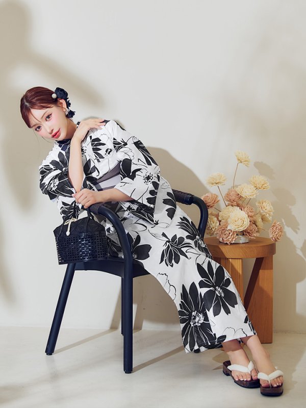 画像7: 【即日発送】モノトーンフラワーレトロモダン浴衣【浴衣３点セット 浴衣/帯/下駄】[YMT]