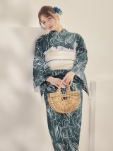 【即日発送】深藍緑線画フラワー浴衣【浴衣３点セット 浴衣/帯/下駄】[OF04]