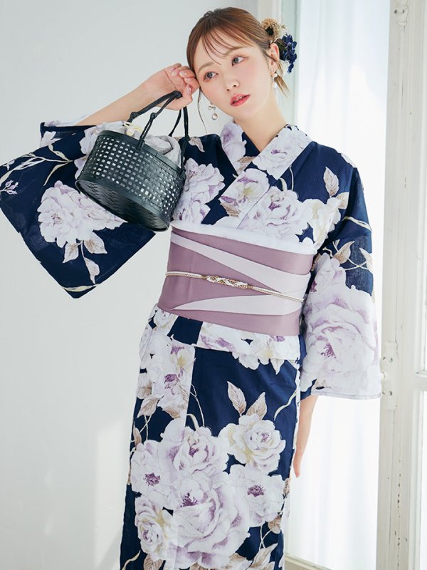 画像12: 【即日発送】濃紺牡丹柄浴衣【浴衣３点セット 浴衣/帯/下駄】[YMT]