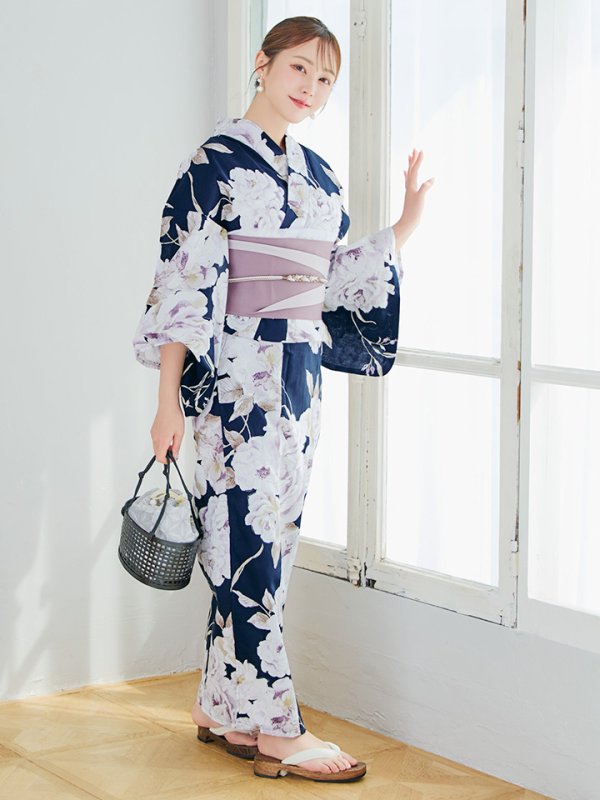 画像14: 【即日発送】濃紺牡丹柄浴衣【浴衣３点セット 浴衣/帯/下駄】[YMT]
