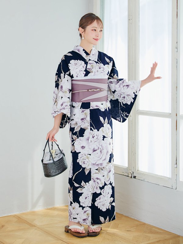 画像15: 【即日発送】濃紺牡丹柄浴衣【浴衣３点セット 浴衣/帯/下駄】[YMT]