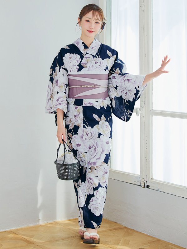 画像4: 【即日発送】濃紺牡丹柄浴衣【浴衣３点セット 浴衣/帯/下駄】[YMT]