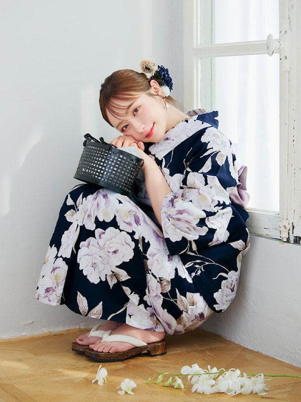 画像5: 【即日発送】濃紺牡丹柄浴衣【浴衣３点セット 浴衣/帯/下駄】[YMT]