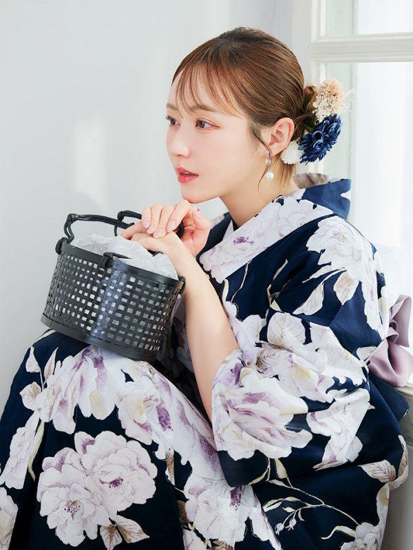 画像6: 【即日発送】濃紺牡丹柄浴衣【浴衣３点セット 浴衣/帯/下駄】[YMT]