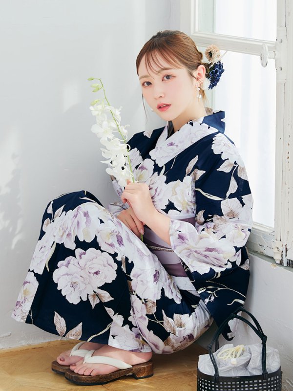 画像7: 【即日発送】濃紺牡丹柄浴衣【浴衣３点セット 浴衣/帯/下駄】[YMT]