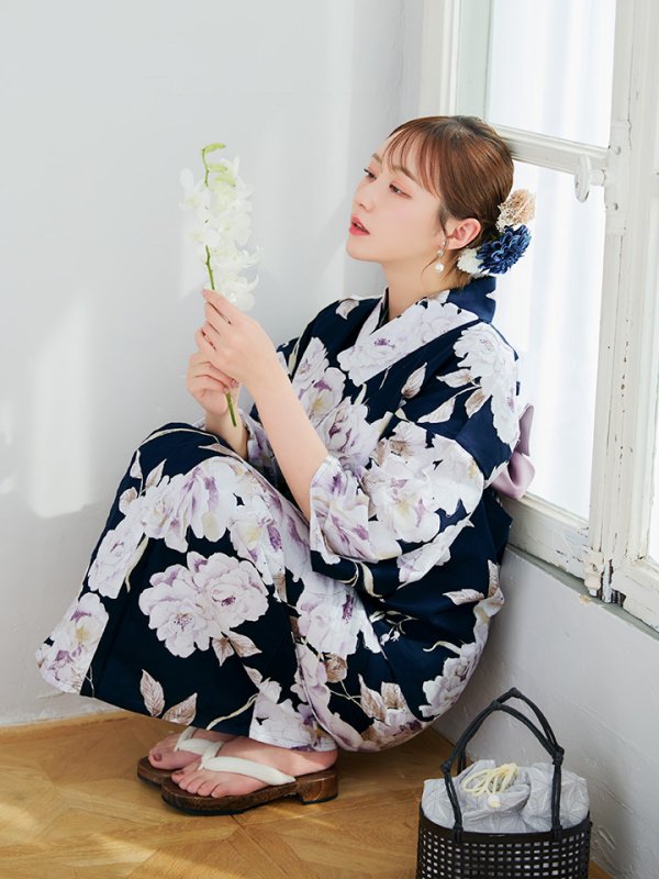 画像8: 【即日発送】濃紺牡丹柄浴衣【浴衣３点セット 浴衣/帯/下駄】[YMT]