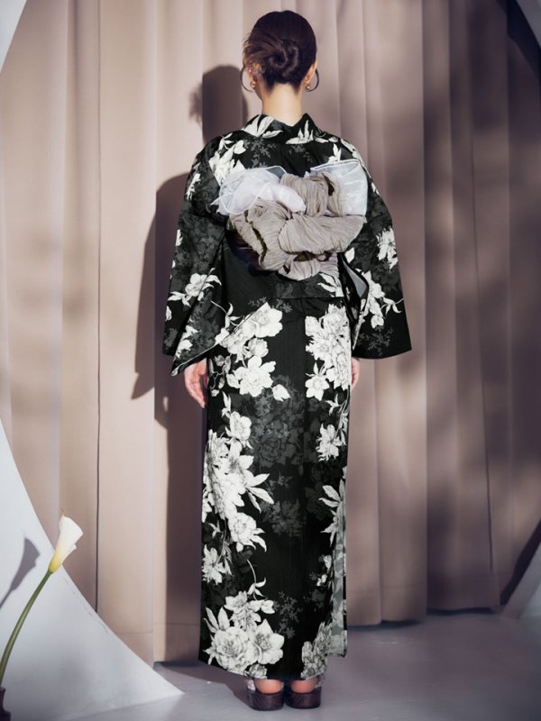 画像14: 【即日発送】ブラック線画フラワー浴衣【浴衣３点セット 浴衣/帯/下駄】[OF04]