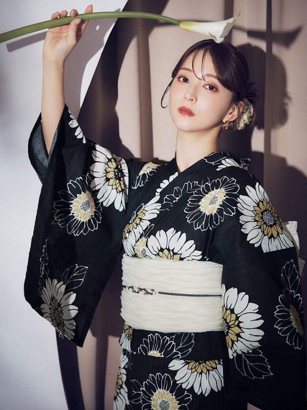 画像14: 【即日発送】【NIGHTS掲載】向日葵柄黒色浴衣【浴衣３点セット 浴衣/帯/下駄】[OF04]