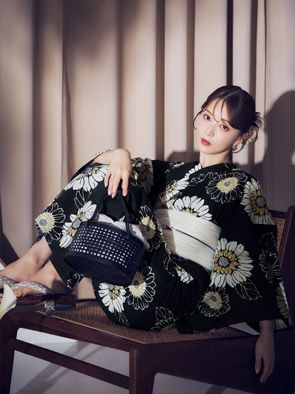 画像7: 【即日発送】【NIGHTS掲載】向日葵柄黒色浴衣【浴衣３点セット 浴衣/帯/下駄】[OF04]