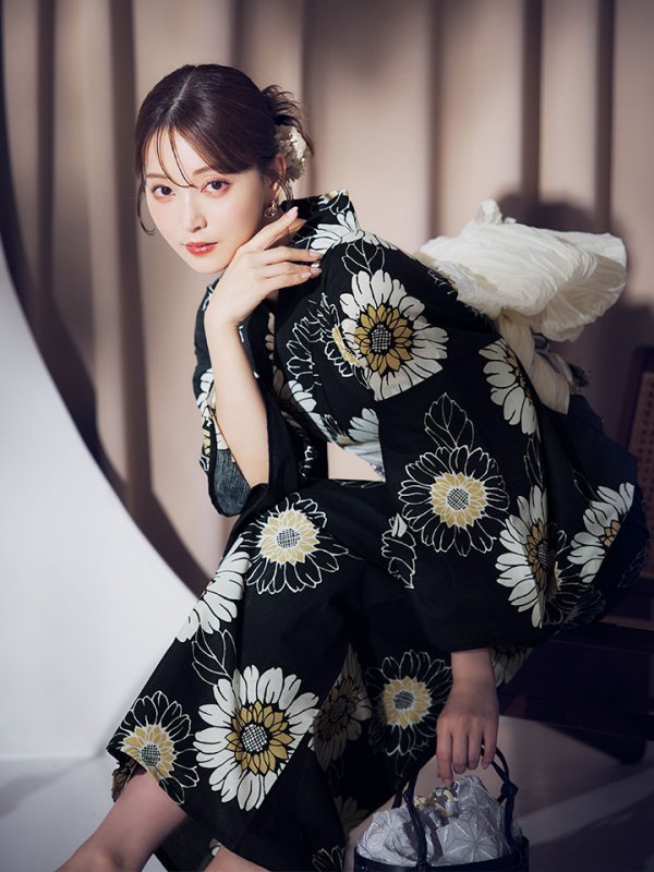 画像9: 【即日発送】【NIGHTS掲載】向日葵柄黒色浴衣【浴衣３点セット 浴衣/帯/下駄】[OF04]