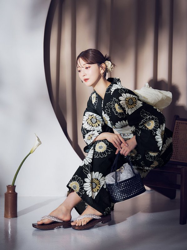 画像13: 【即日発送】【NIGHTS掲載】向日葵柄黒色浴衣【浴衣３点セット 浴衣/帯/下駄】[OF04]