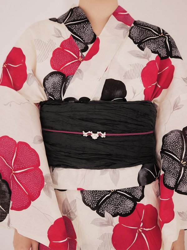 画像16: 【即日発送】紅色と黒の朝顔柄浴衣 【浴衣3点セット 浴衣/帯/下駄】 [YMT/o]