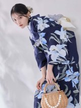 送料無料！ネイビーリリーフラワー浴衣【浴衣３点セット 浴衣/帯/下駄】[OF04]【予約 / 5月下旬発送予定】