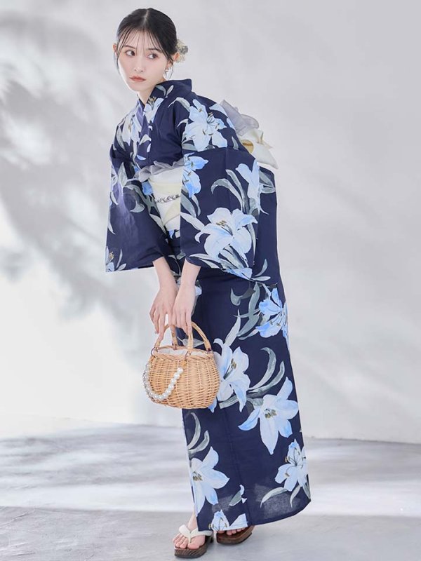 画像3: 送料無料！ネイビーリリーフラワー浴衣【浴衣３点セット 浴衣/帯/下駄】[OF04]【予約 / 5月下旬発送予定】
