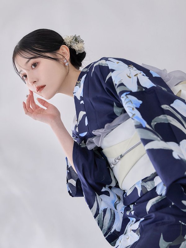 画像11: 送料無料！ネイビーリリーフラワー浴衣【浴衣３点セット 浴衣/帯/下駄】[OF04]【予約 / 5月下旬発送予定】