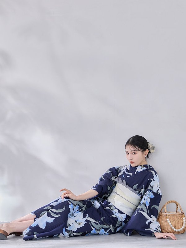 画像13: 送料無料！ネイビーリリーフラワー浴衣【浴衣３点セット 浴衣/帯/下駄】[OF04]【予約 / 5月下旬発送予定】