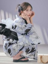【即日発送】ブルーグレーモダンフラワー浴衣【浴衣３点セット 浴衣/帯/下駄】[OF04]