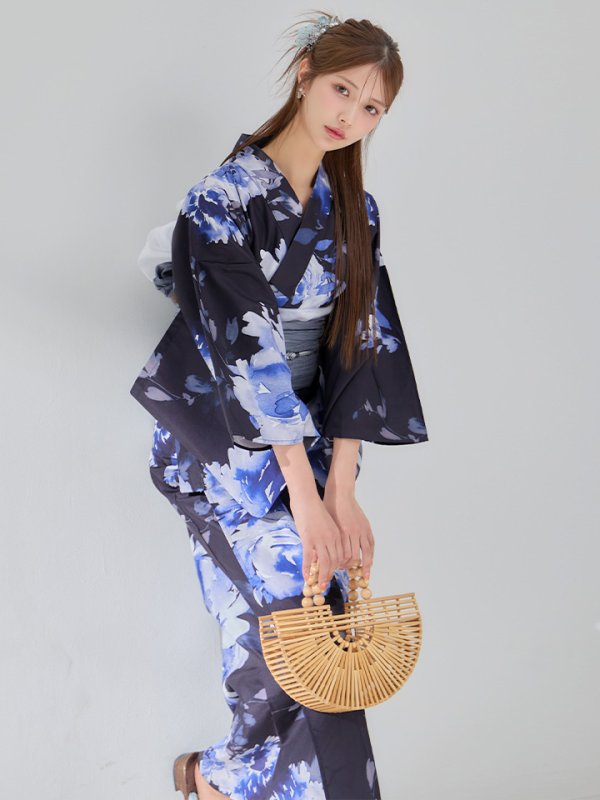 画像2: 【即日発送】大人ネイビー牡丹浴衣【浴衣３点セット 浴衣/帯/下駄】[OF04]