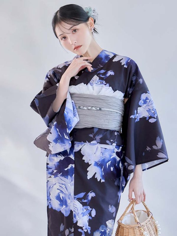 画像3: 【即日発送】大人ネイビー牡丹浴衣【浴衣３点セット 浴衣/帯/下駄】[OF04]