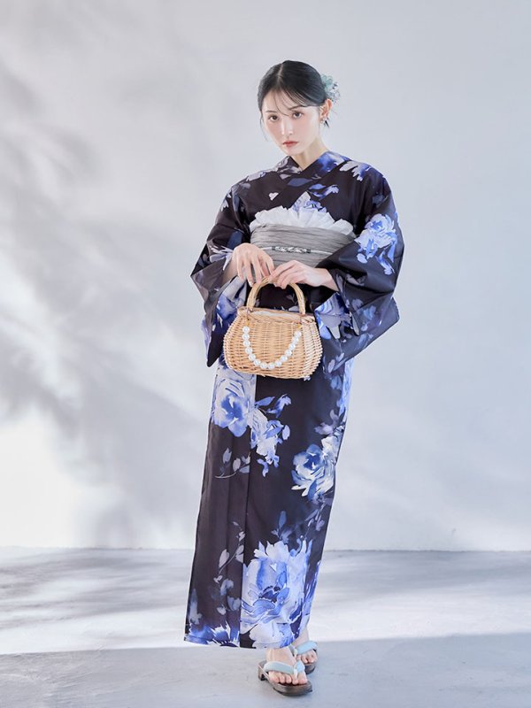 画像12: 【即日発送】大人ネイビー牡丹浴衣【浴衣３点セット 浴衣/帯/下駄】[OF04]