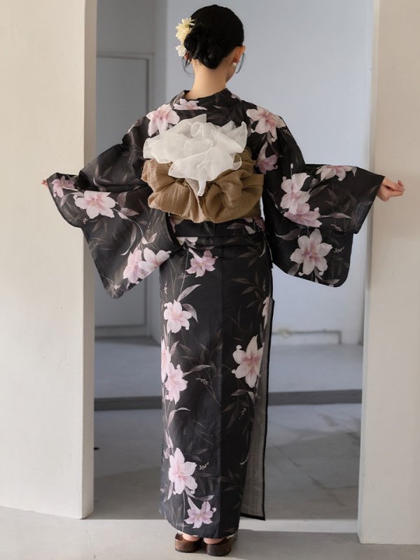 画像14: 送料無料！ホワイトリリー黒地浴衣【浴衣３点セット 浴衣/帯/下駄】[OF04]【予約 / 6月中旬発送予定】