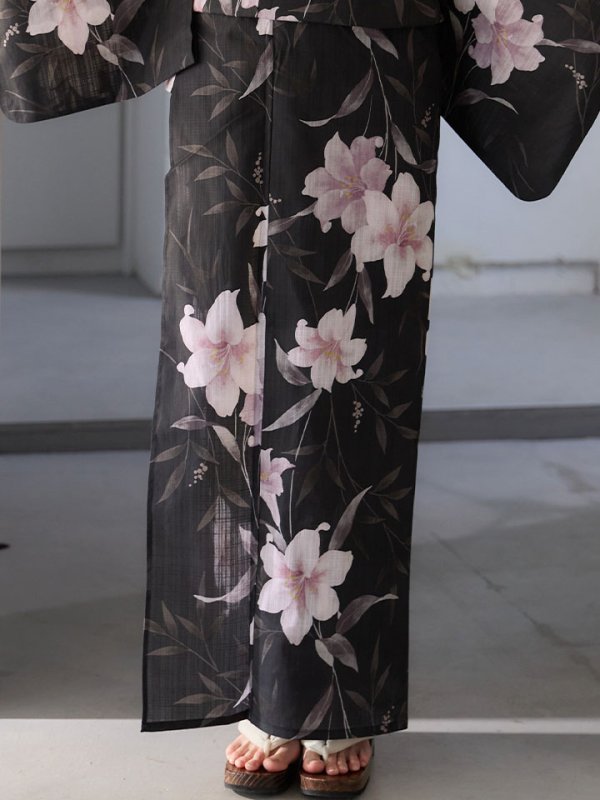 画像16: 送料無料！ホワイトリリー黒地浴衣【浴衣３点セット 浴衣/帯/下駄】[OF04]【予約 / 6月中旬発送予定】