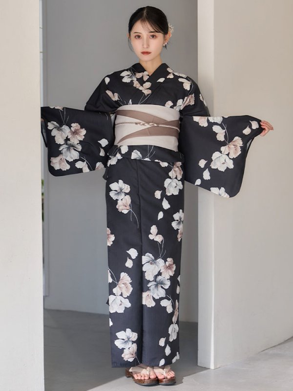 画像4: 送料無料！【即日発送】フローラルブラック浴衣【浴衣３点セット 浴衣/帯/下駄】[OF04]