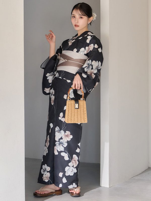 画像6: 送料無料！【即日発送】フローラルブラック浴衣【浴衣３点セット 浴衣/帯/下駄】[OF04]