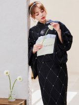 セパレートアーガイルビジュー浴衣【浴衣4点セット 浴衣/帯/下駄】OBI-siwa-204-wk-12-OW / HIMO-906-yn-PEARL / HEKO-800-sb-5-W / YA-1079-kj-8 / GETA-01-kj-1-B/ [YMT]