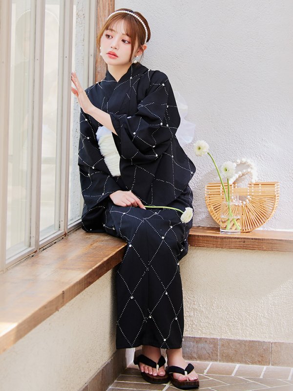 画像7: 【即日発送】セパレートアーガイルビジュー浴衣【浴衣4点セット 浴衣/帯/下駄】[YMT]