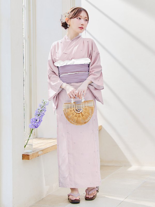 画像2: セパレートアーガイルビジュー浴衣【浴衣4点セット 浴衣/帯/下駄】OBI-lame-400-kj-5-PLV / HIMO-906-yn-PEARL / HEKO-800-sb-5-W / YA-1075-kn-BE / GETA-01-kj-7-P	/ [YMT]