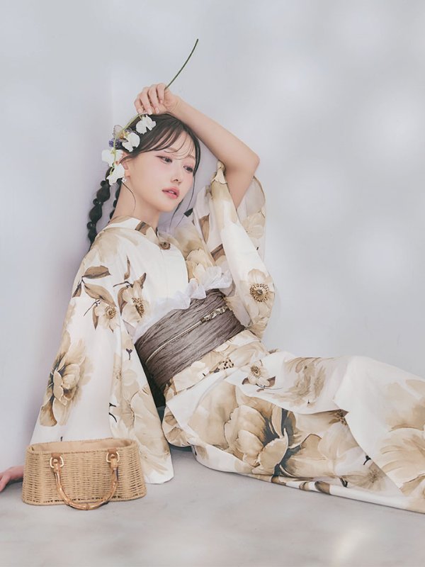 画像11: 【即日発送】送料無料！1人で簡単に着られる！ワンピース / セパレート浴衣セット　ホワイトエレガントフラワー浴衣【浴衣4点セット 浴衣/帯/下駄】[OF04]