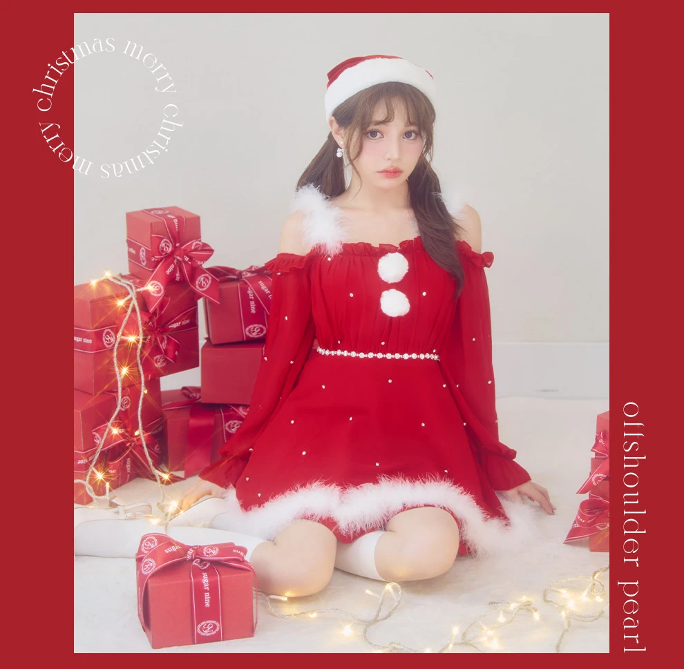 袖付きシフォンワンピースビジューサンタコスプレ1