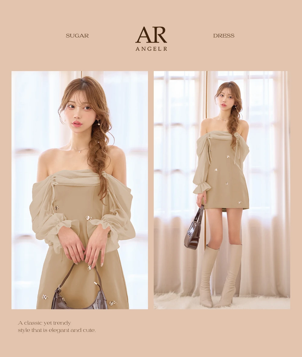 【ANGEL R/エンジェルアール】オフショルダー/ ロングスリーブ/ シアー/ リボン/ フラワービジュー/ バイカラー/ フレア/ ミニドレス/ キャバドレス2