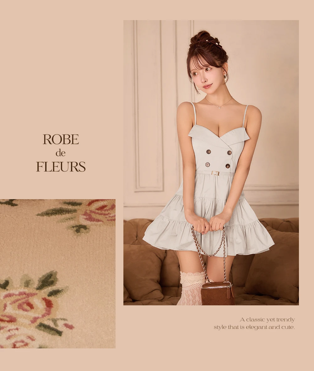 【ROBE de FLEURS/ローブドフルール】光沢ツイル/ダブルボタン/ ティアード/ キャミ/ フレア/ ミニドレス/ キャバドレス2