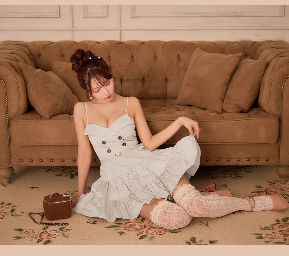 【ROBE de FLEURS/ローブドフルール】光沢ツイル/ダブルボタン/ ティアード/ キャミ/ フレア/ ミニドレス/ キャバドレス3