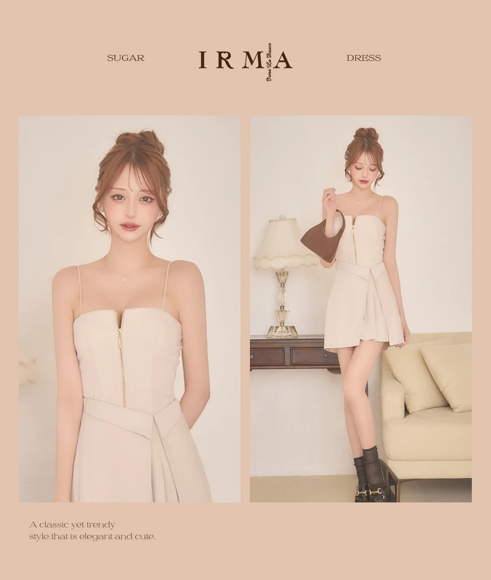 【IRMA/イルマ】フロントジップ/ アシンメトリー/ キャミソール/ プリーツ/ シンプル/ フレア/ ミニドレス/ キャバドレス2