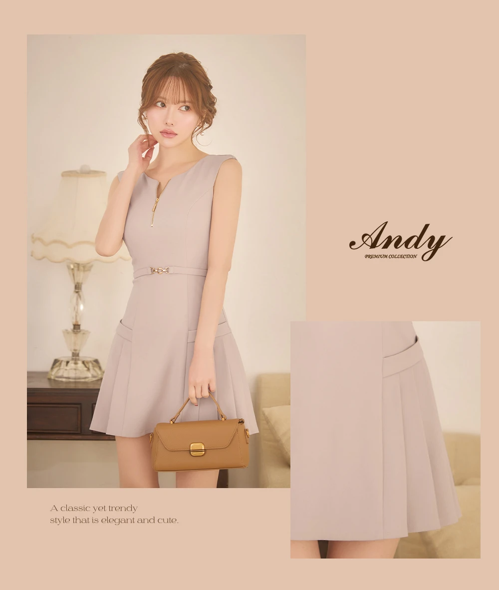 【ANDY/アンディ】シンプル/ ノースリーブ/ ボートネック/ フロントジッパー/ ウエストベルト/ プリーツ/ フレア/ ミニドレス/ キャバドレス2