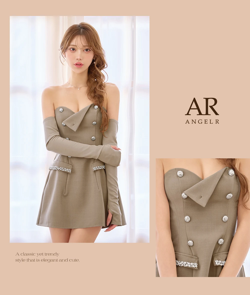 【ANGEL R/エンジェルアール】ベアトップ/ Wボタン/ ビジュー/ フェイクポケット/ スリーブ/ フレア/ マイクロミニドレス/ キャバドレス2
