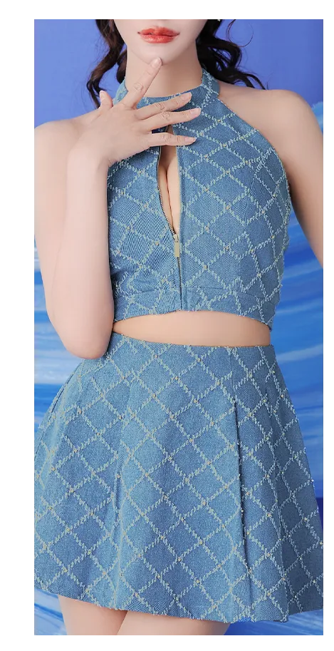 【ROBE de FLEURS Glossy/ローブ・ド・フルール グロッシー】デニム/ ホルター/ バストジップ/ フレア/ セットアップ/ ミニドレス/ キャバドレス5