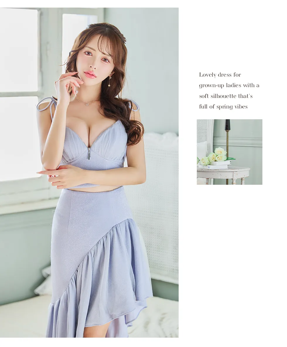 【ROBE de FLEURS/ローブドフルール】アシンメトリー/ ラメニット/ チュール/ セットアップ/ キャミ/ ミディアムドレス/ キャバドレス