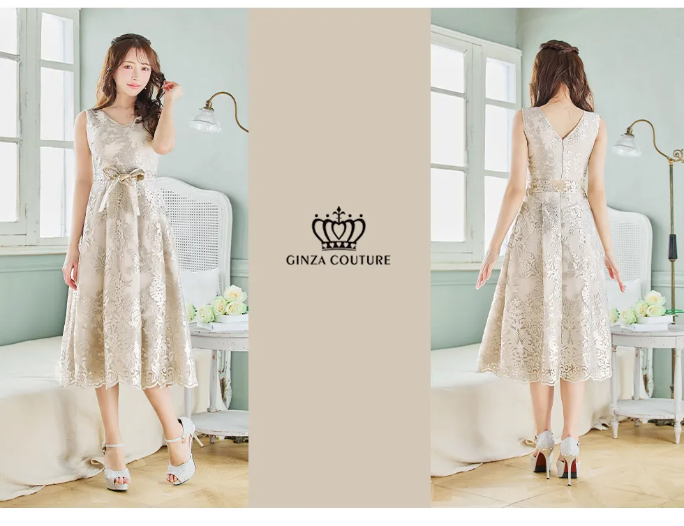 【GINZA COUTURE/銀座クチュール】総レース/ ノースリーブ/ ウエストリボン/ Aライン/ フレア/ 膝丈/ ワンピース/ ミディアムドレス/ キャバドレス