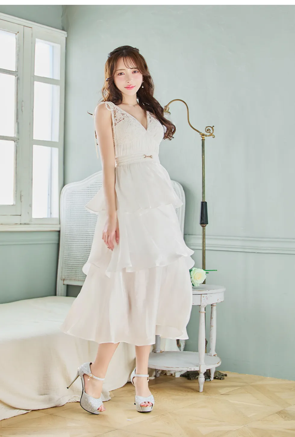 【DEA.by ROBE de FLEURS/ディアバイローブドフルール】ティアード/ シフォンレース/ フレア/ ロング/ ワンピース/ ミモレ丈/ ミディアムドレス/ キャバドレス