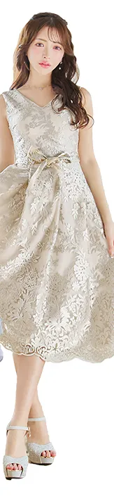 【GINZA COUTURE/銀座クチュール】総レース/ ノースリーブ/ ウエストリボン/ Aライン/ フレア/ 膝丈/ ワンピース/ ミディアムドレス/ キャバドレス