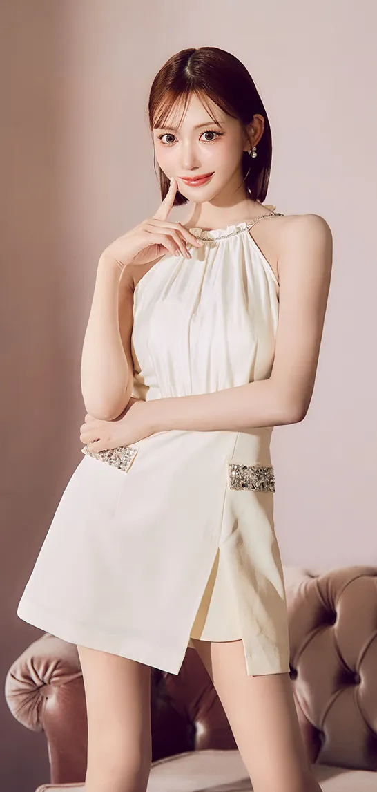 【Anier ROBE./アニエルローブ】【ROBE de FLEURS/ローブドフルール】Satin Bijou back open halter mini dress/ サテン/ ビジュー/ バックオープン/ ホルター/ ミニドレス/ キャバドレス3