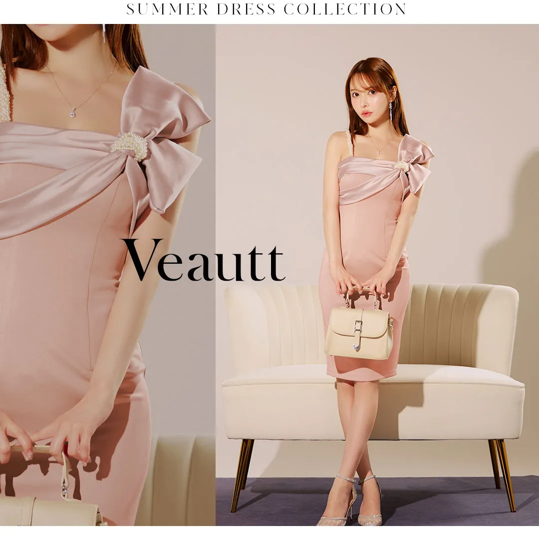 XSサイズあり【Veautt/ヴュート】ビックリボン/ ショルダーパール/ ミディアム/ タイト/ ミディアムドレス/ キャバドレス