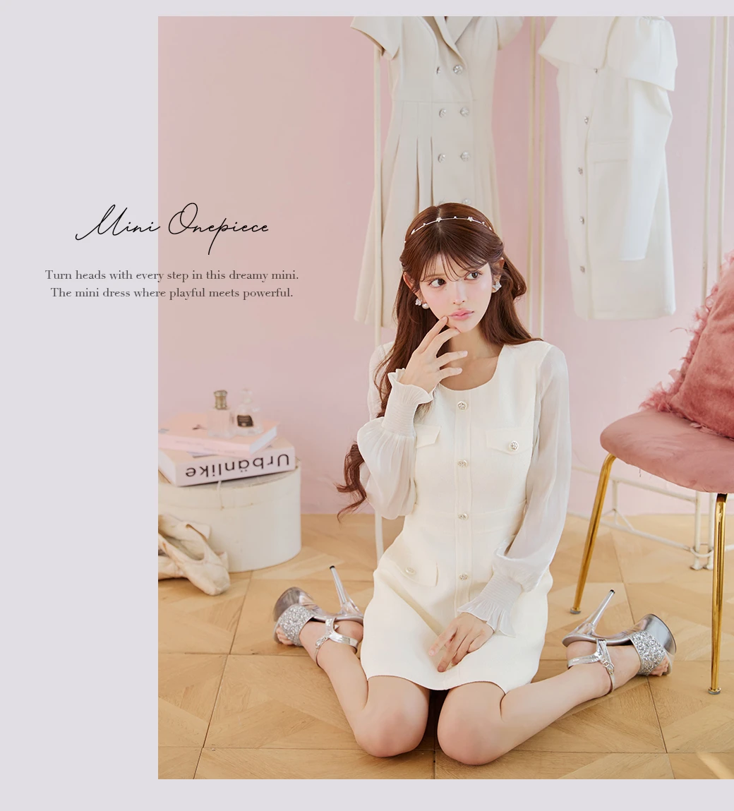 【GINZA COUTURE/銀座クチュール】ビジューボタン/ シアースリーブ/ 長袖/ ポケットデザイン/ 膝丈/ Aライン/ ミディアムドレス/ キャバドレス3