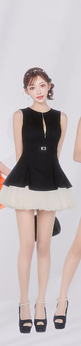 【DEA.by ROBE de FLEURS/ディアバイローブドフルール】ノースリーブ/ ベルトデザイン/ チュール/ フレア/ ミニドレス/ キャバドレス