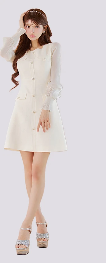 【GINZA COUTURE/銀座クチュール】ビジューボタン/ シアースリーブ/ 長袖/ ポケットデザイン/ 膝丈/ Aライン/ ミディアムドレス/ キャバドレス