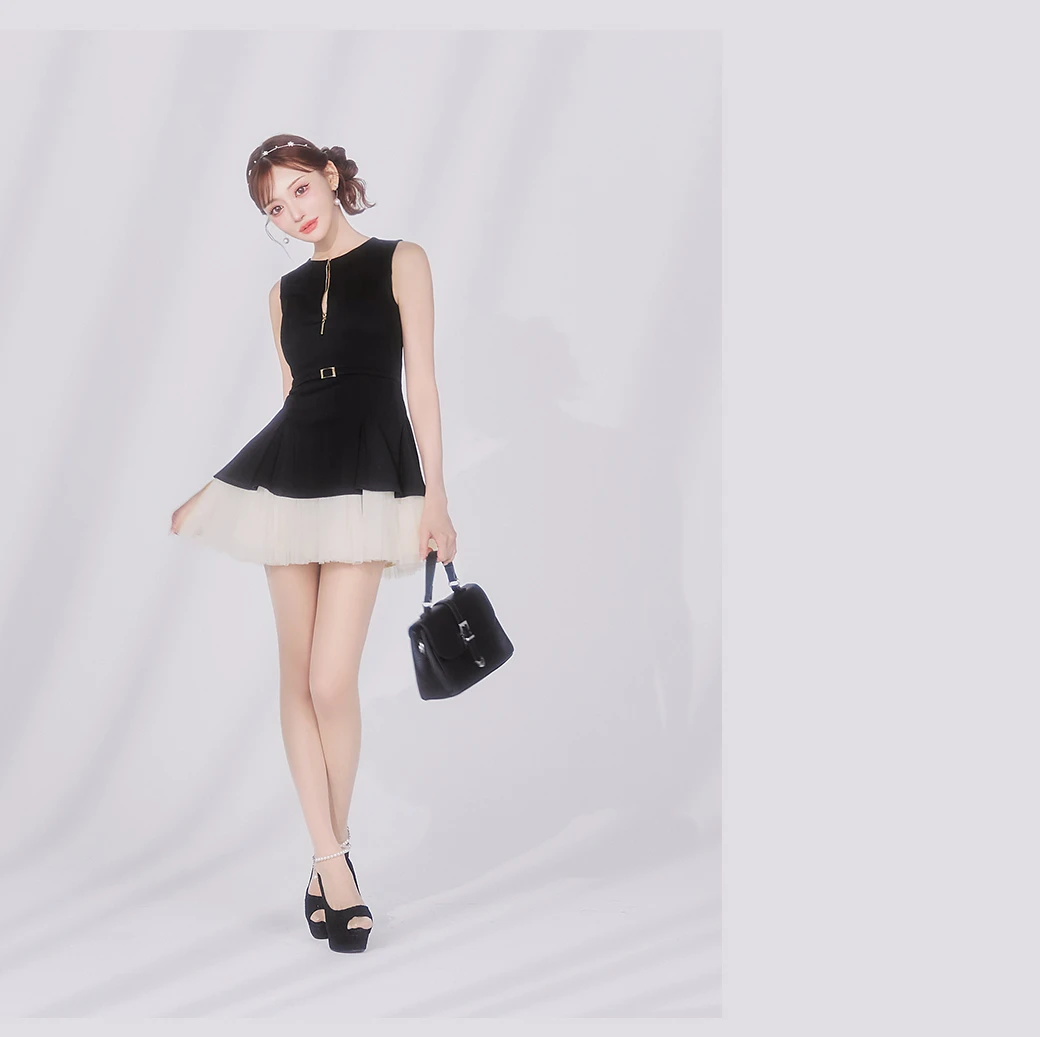 【DEA.by ROBE de FLEURS/ディアバイローブドフルール】ノースリーブ/ ベルトデザイン/ チュール/ フレア/ ミニドレス/ キャバドレス2